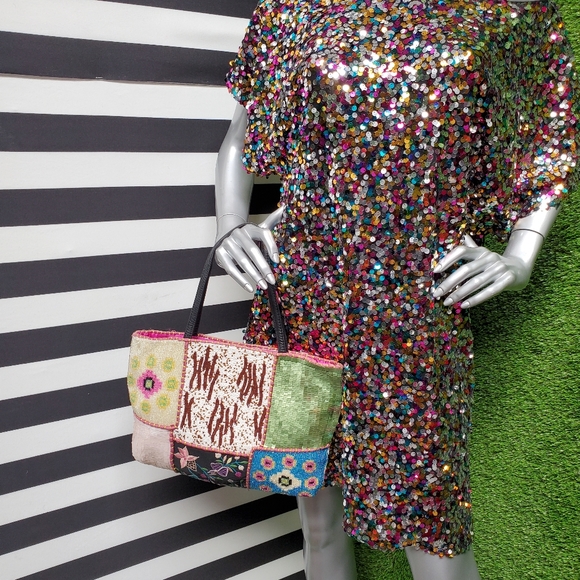Multicolor Mixed Print Sequin Beaded Handbag - Picture 9 of 9